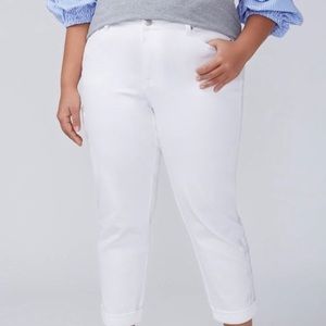 Lane Bryant size 28 denim white crop length with embroidered detail on legs.